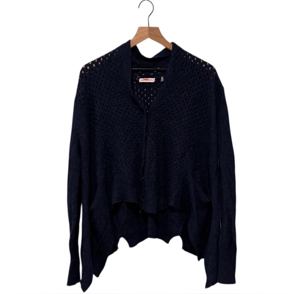 REBECCA TAYLOR Navy Blue Open Knit Wool Cashere Blend Cardigan Sweater